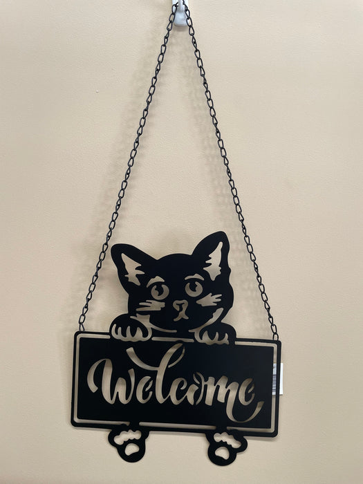 Happy Cat Welcome Sign - Matt Black Metal