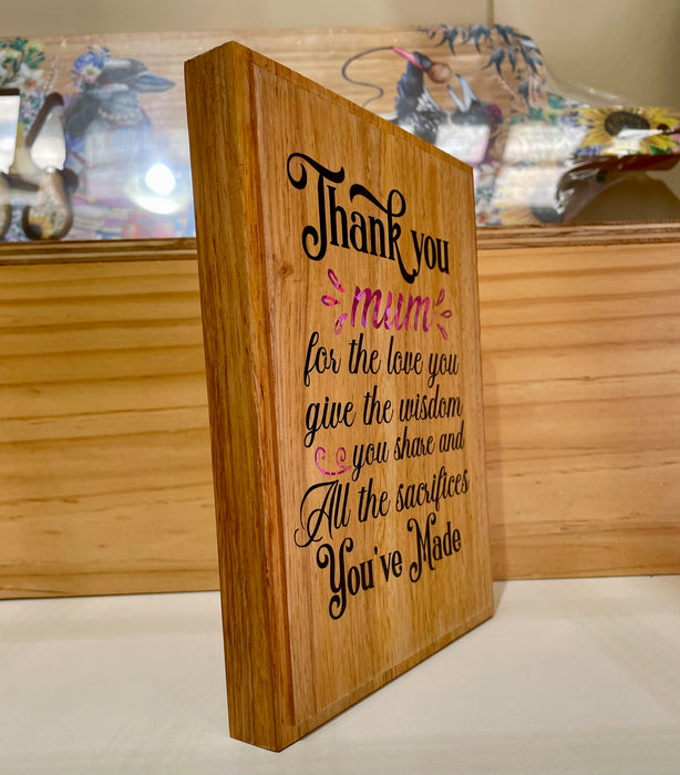 Thank you Mum Plaque - Recycled Timber  Handmade