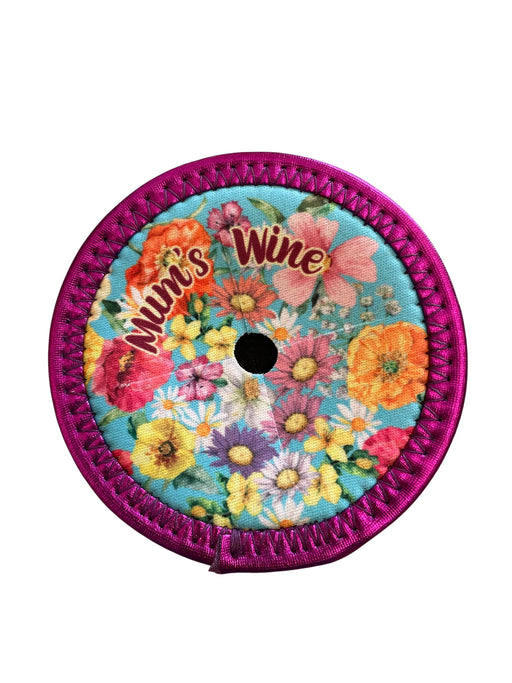 Lisa Pollock Bubbly Besties neoprene wine glass coaster with floral design and Mum's Wine text