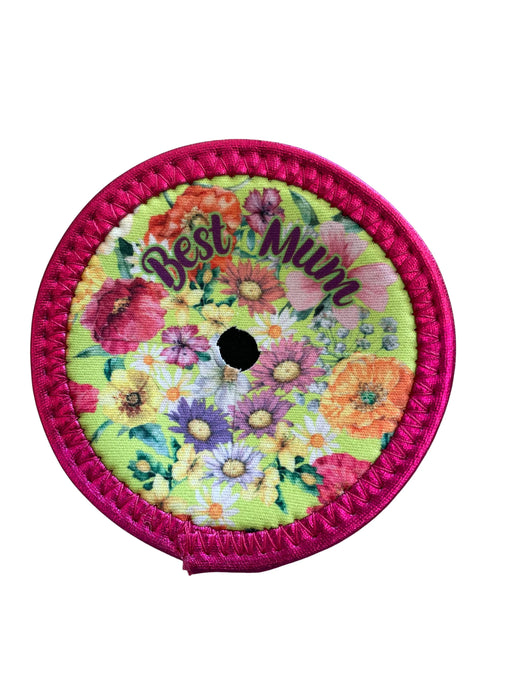 Lisa Pollock Bubbly Besties neoprene wine glass coaster with floral design and Best Mum text