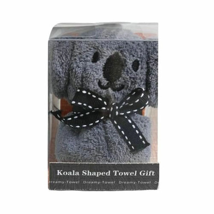 Koala-shaped towel gift in clear plastic packaging with a black ribbon bow, shown against a plain white background.