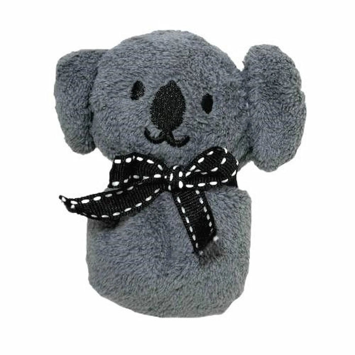 A gray plush koala toy with a black embroidered face and a black ribbon bow with white stitching around its neck, shown on a plain white background.