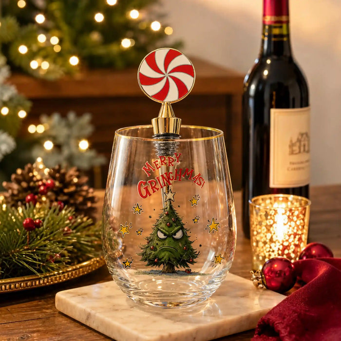 A clear stemless wine glass with a Grinch-themed lollipop stopper, set on a marble board in a cozy holiday setting with a wine bottle, candle, ornaments, and warm blurred lights in the background.