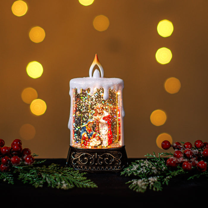 Mini Snowing LED Candle with Nativity Scene