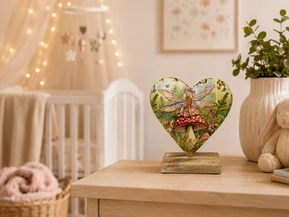 Fairy Woodland Heart Ornament on Wooden Base – 15cm