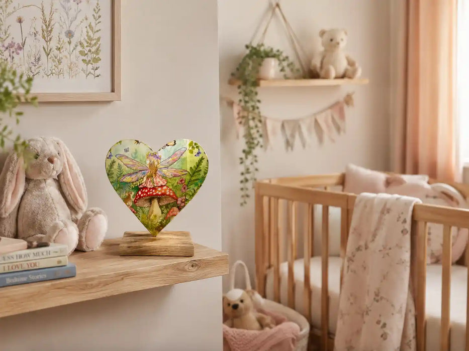 Fairy Woodland Heart Ornament on Wooden Base – 15cm