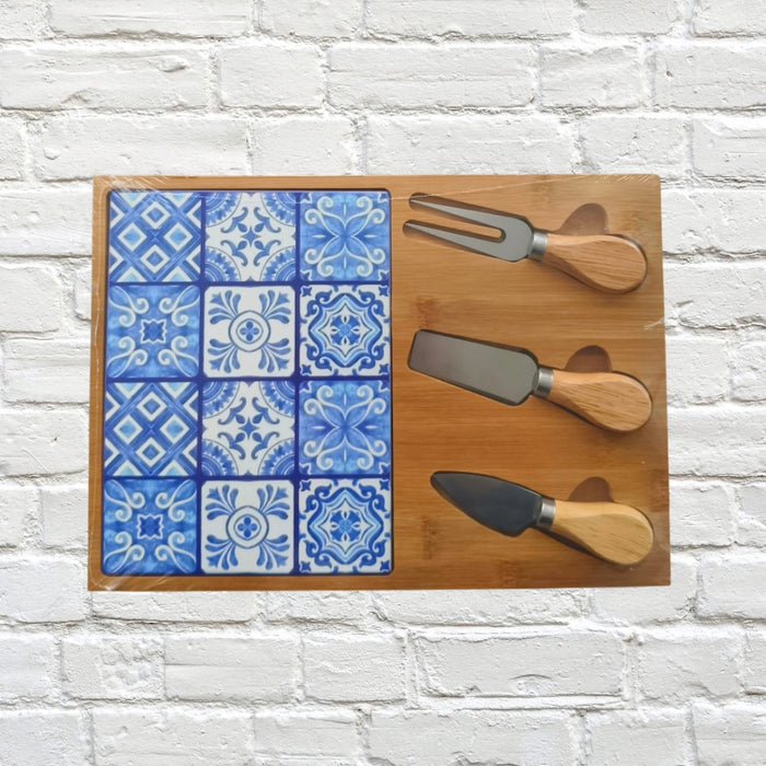 Bamboo Cheese Board Set – Cerise Blue Tile Inlay with 3 Cheese Utensils