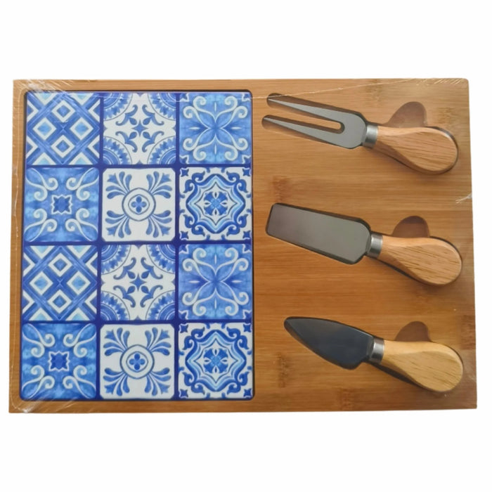 Bamboo Cheese Board Set – Cerise Blue Tile Inlay with 3 Cheese Utensils