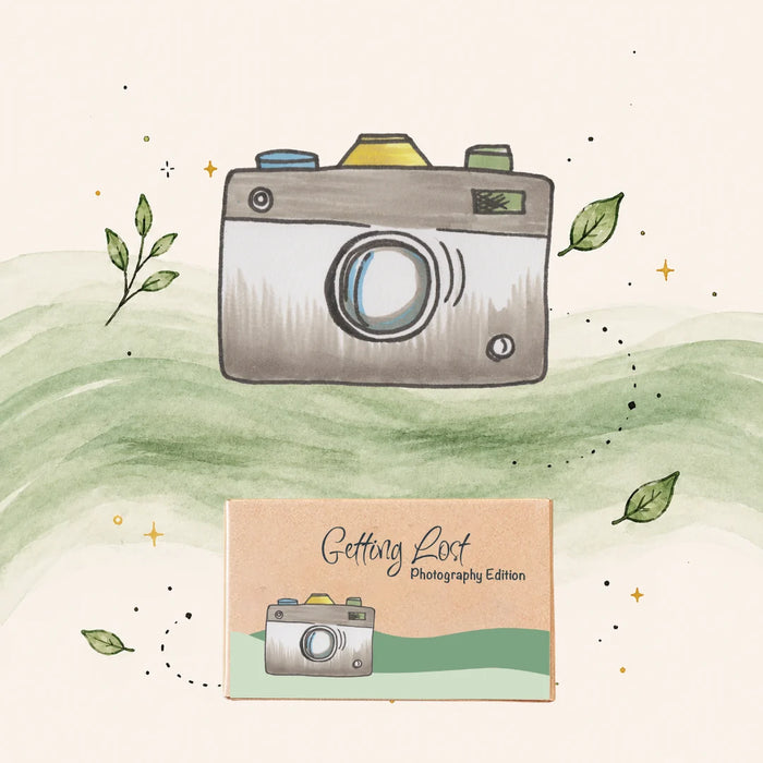 Illustration of a camera and a card with 'Getting Lost' text on a watercolor background