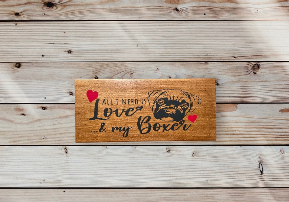 Love & my Boxer with red hearts - Recycled Timber Plaque