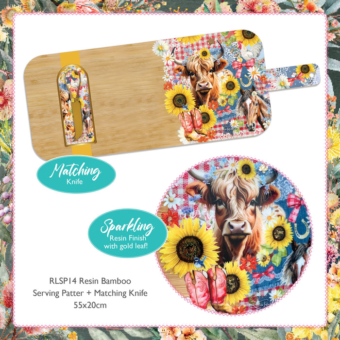 Bamboo Serving Platter with Resin Overlay and Matching Cheese Knife - 55x20cm