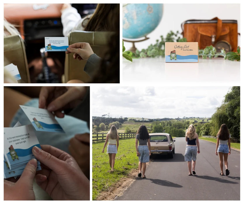 Collage of images including a person holding a card, a box labeled 'Getting Lost', and people walking towards a vintage car.