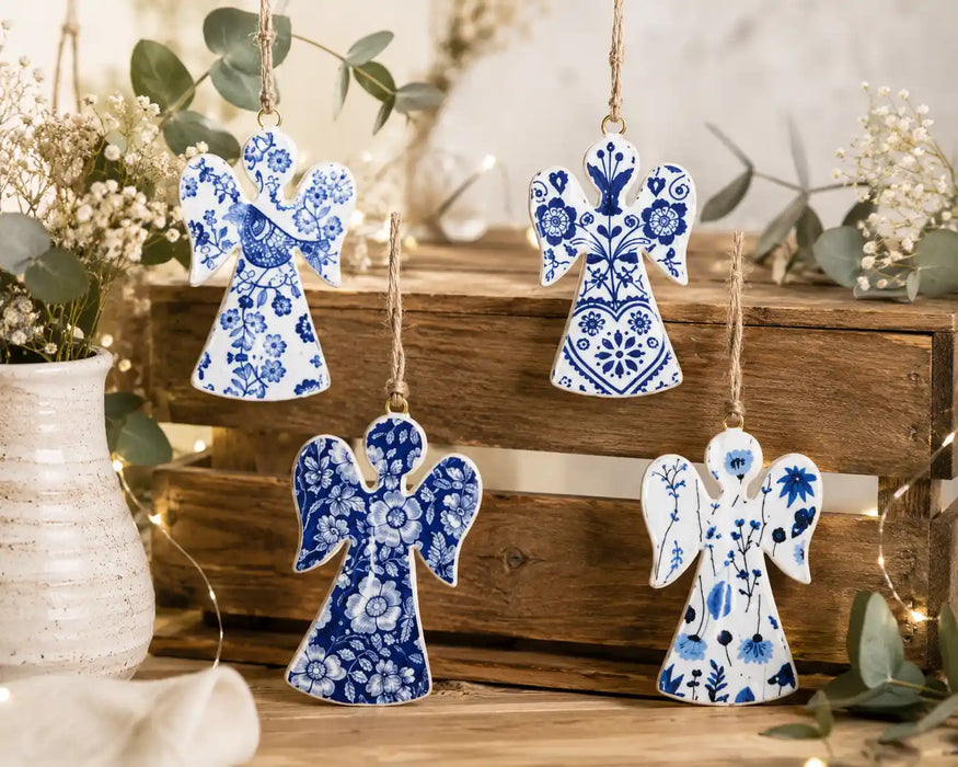 Blue & White Metal Angel Hanging Ornaments – Set of 4 (10cm)
