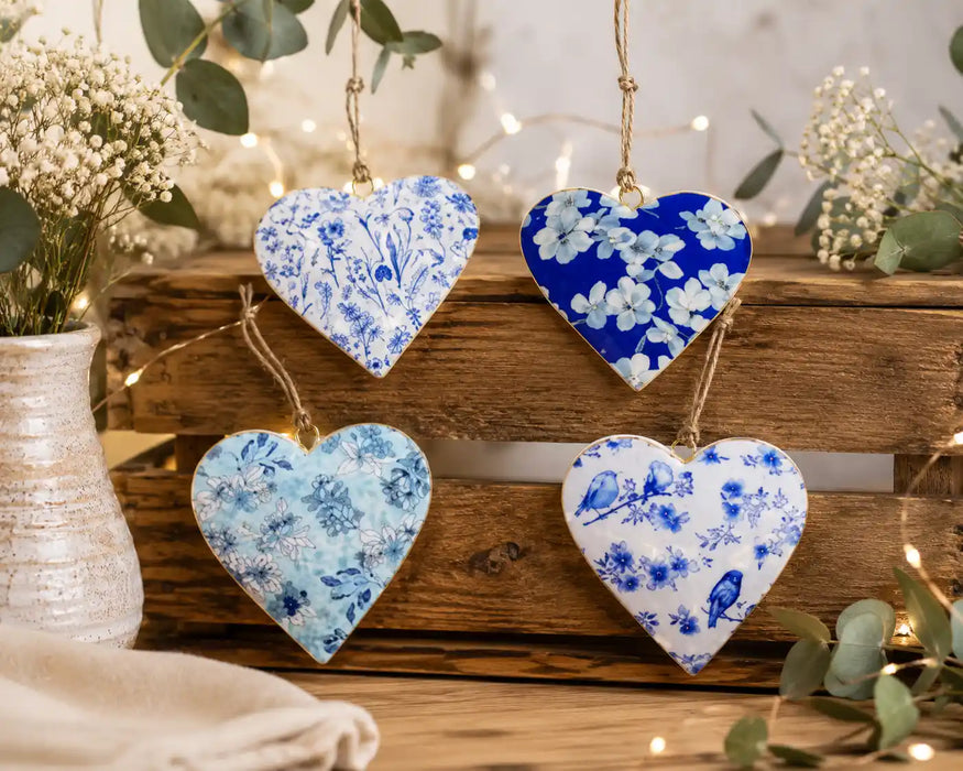 Blue & White Floral Metal Heart Hanging Decorations – Set of 4 (10cm)