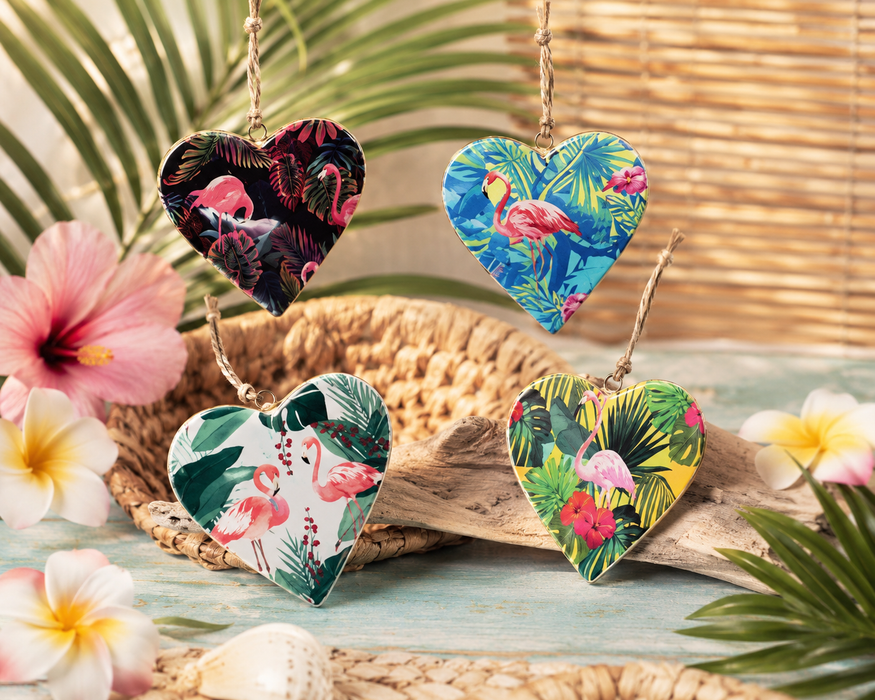 Set of 4 Tropical Flamingo Metal Hanging Hearts – Decorative 10cm Ornament Set