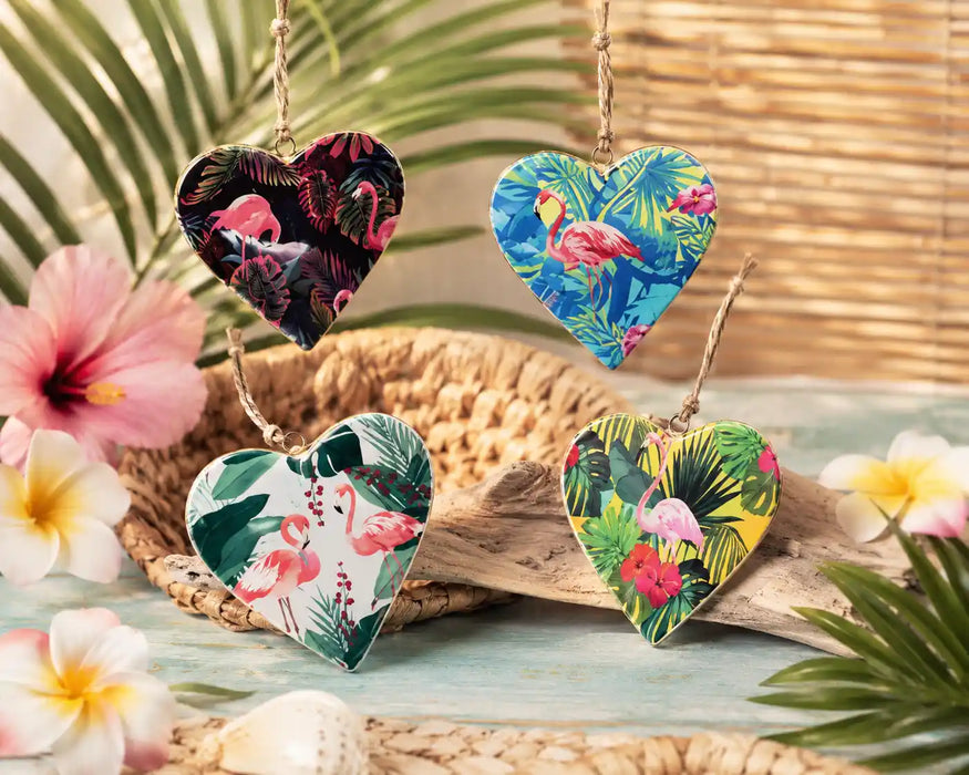 Set of 4 Tropical Flamingo Metal Hanging Hearts – Decorative 10cm Ornament Set