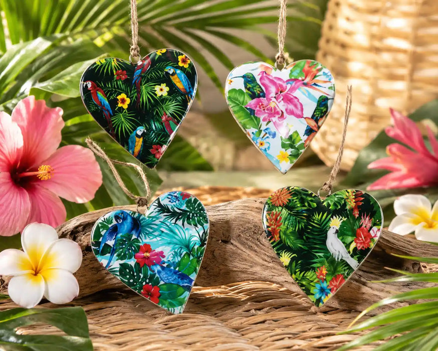 Set of 4 Tropical Bird Metal Hanging Hearts – Colourful Parrot & Rainforest Ornaments