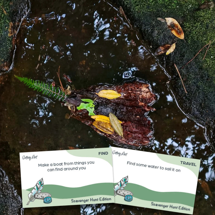Two educational cards about nature activities placed over a natural setting with water and leaves.