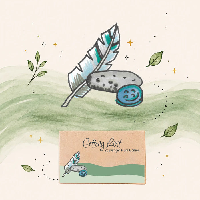 A stylized illustrated product card or packaging insert reading 'Getting Root Seawenger Hunt Edition,' shown above a matching feather-and-coin illustration on a soft watercolor green and cream background.