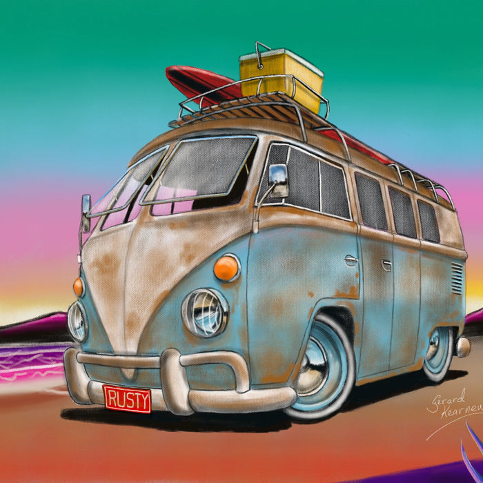 Rusty Kombi On The Beach Can Cooler