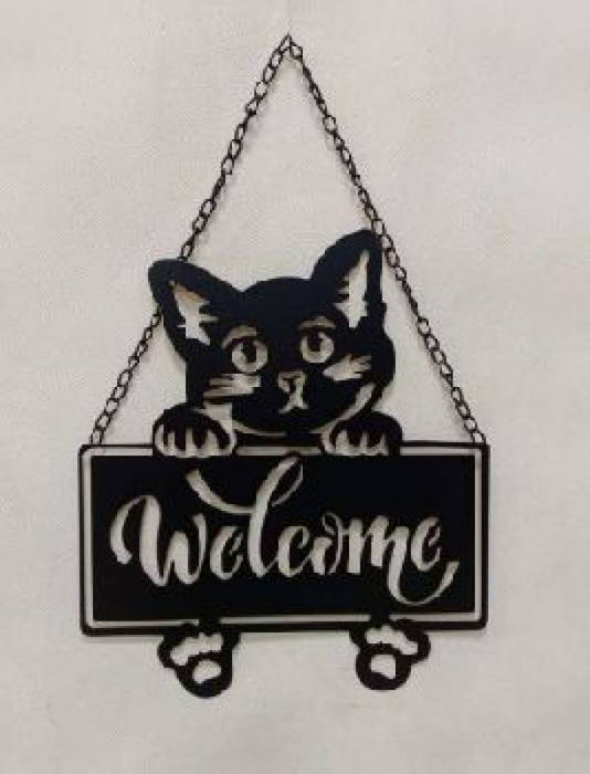 Happy Cat Welcome Sign - Matt Black Metal