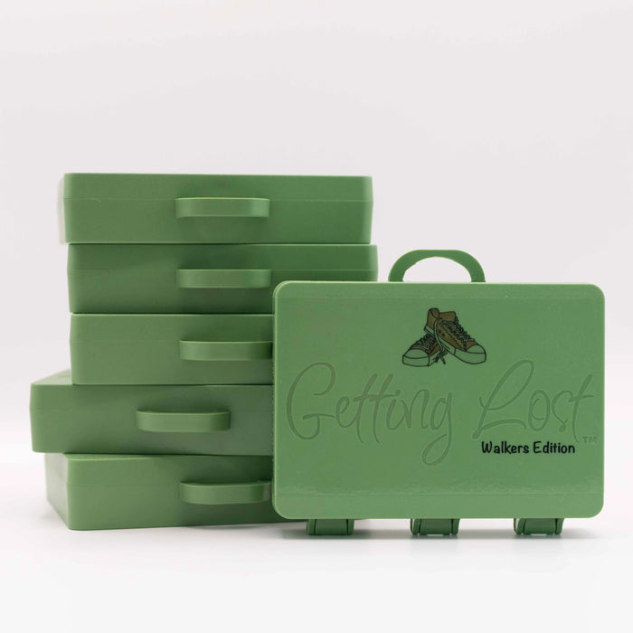 Stack of green boxes with 'Getting Lost' branding on a white background
