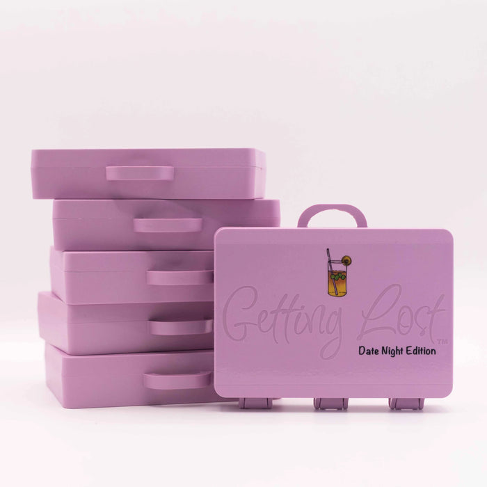 Set of purple storage boxes with 'Getting Lost' and 'Date Night Edition' text on a white background