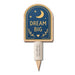 A wooden arch-shaped garden stake with a navy blue sign that reads 'DREAM BIG' in gold lettering, decorated with a crescent moon, stars, and small leaves. The stake is inserted into a light-colored wooden base, with the brand name 'Australian Pickies' printed on it, set against a plain white background.