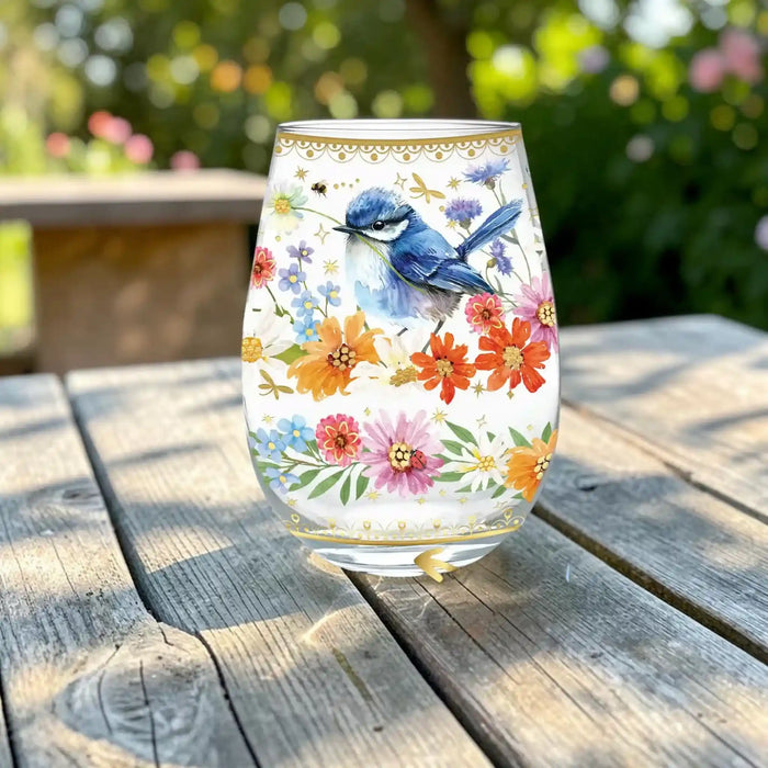 A clear glass wine tumbler with a white printed background, featuring a blue bird, orange and pink flowers, and gold decorative borders, sitting on a weathered wooden table with a blurred garden background.