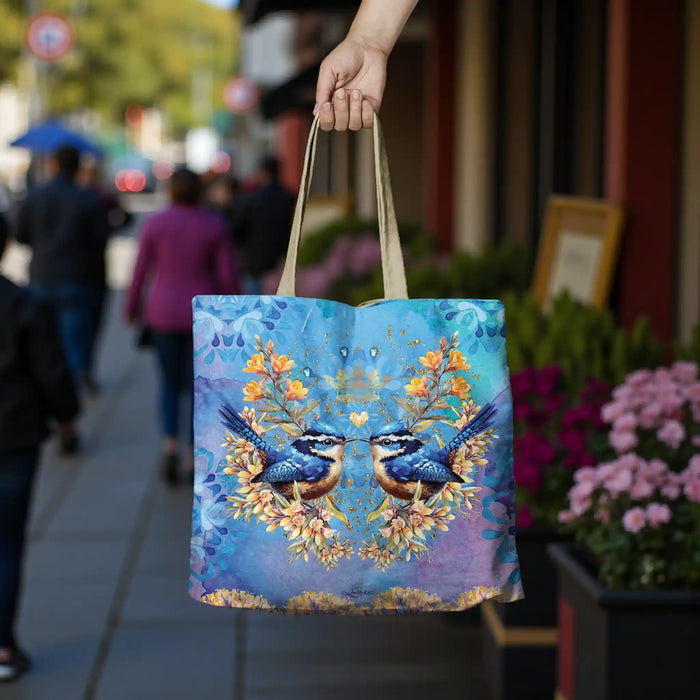 A hand holds up a canvas tote bag with beige handles, featuring a colorful print of two kingfisher birds on blue and purple watercolor-style backgrounds with yellow-orange floral details. The background is a blurred outdoor street scene with pedestrians and flowers.