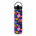 A reusable insulated water bottle with a black lid and handle, featuring a vibrant multicolor floral pattern on a dark blue background.