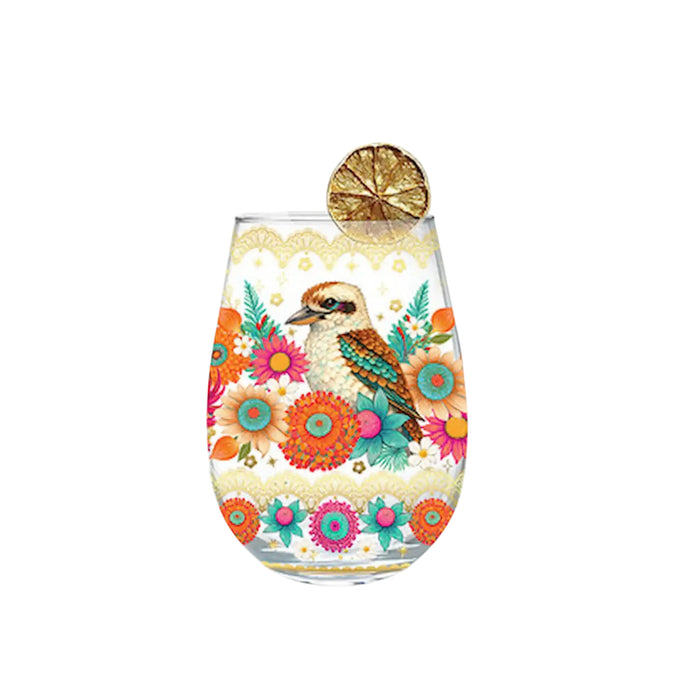 A stemless wine glass decorated with a colorful kookaburra bird and floral pattern, garnished with a slice of lime on a white background.