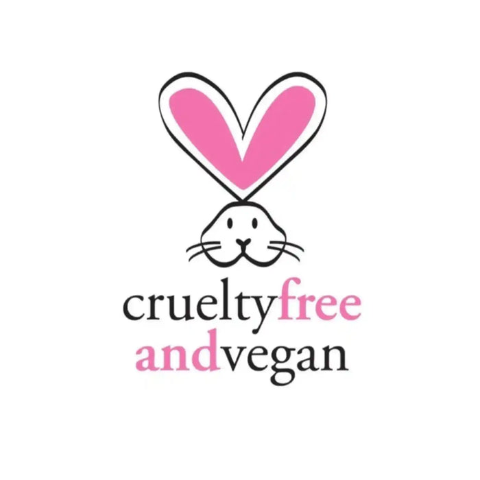 A logo featuring a pink heart outline above a simple black bunny face, with the words 'crueltyfree and vegan' in black and pink text on a white background.