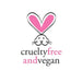 A logo featuring a pink heart outline above a simple black bunny face, with the words 'crueltyfree and vegan' in black and pink text on a white background.
