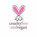 A logo featuring a pink heart outline above a simple black bunny face, with the words 'crueltyfree and vegan' in black and pink text on a white background.