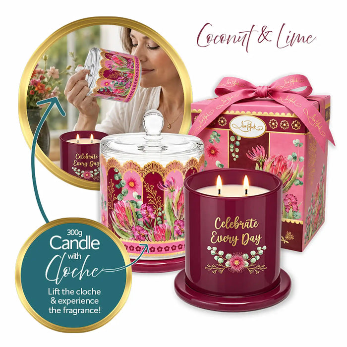 A decorative jar candle set shown on a white background with its gift box, a glass jar with floral label, a lit maroon candle in a glass holder, and an inset photo of a woman holding a matching candle. Text reads 'Coconut & Lime' and 'Celebrate Every Day.