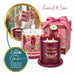 A decorative jar candle set shown on a white background with its gift box, a glass jar with floral label, a lit maroon candle in a glass holder, and an inset photo of a woman holding a matching candle. Text reads 'Coconut & Lime' and 'Celebrate Every Day.