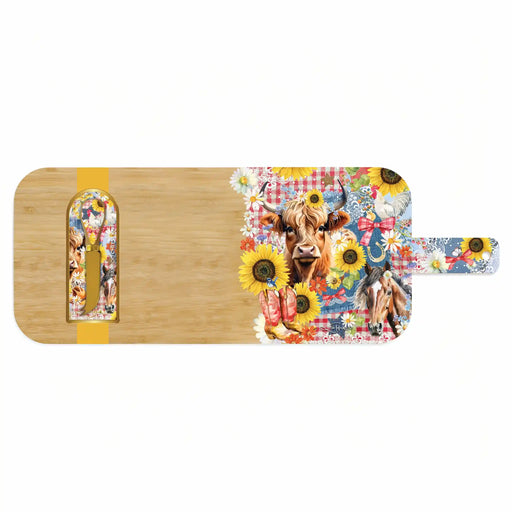 A rectangular wooden serving board with a colorful printed floral and animal design on the right side and handle, plus a yellow stripe accent on the left side, shown on a plain white background.