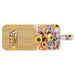 A rectangular wooden serving board with a colorful printed floral and animal design on the right side and handle, plus a yellow stripe accent on the left side, shown on a plain white background.