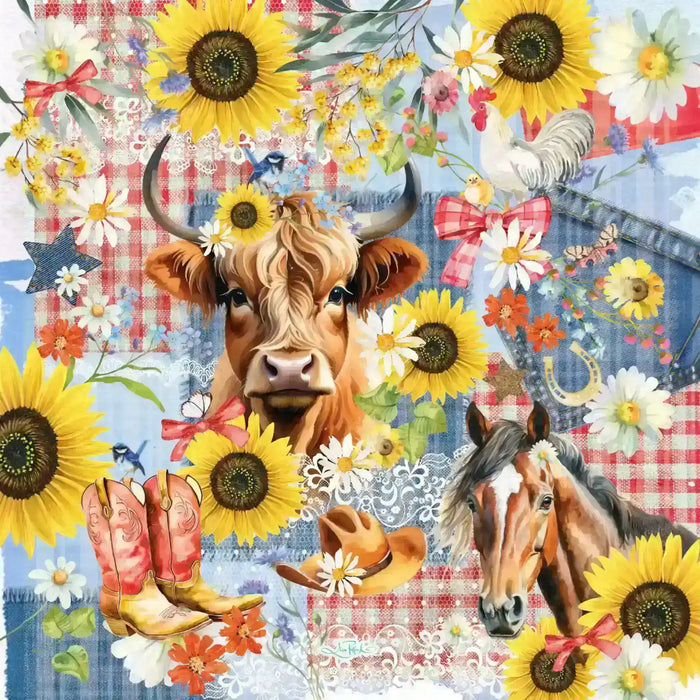A colorful western-themed collage print featuring a brown highland cow, a horse, cowboy boots, sunflowers, daisies, a rooster, blue denim textures, and red-and-white gingham patterns.