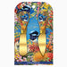A cheese knife set in a decorative hanging card package. The set includes two gold-handled cheese knives with colorful printed bird and floral designs on the blades and backing card.