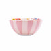 A pink and white vertically striped ceramic bowl with a colorful patterned interior, shown on a plain white background.