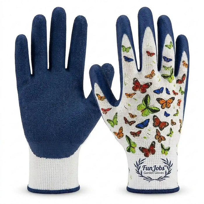 A pair of blue and white knit work gloves with colorful butterfly prints on the backs. One glove is shown palm-side with a textured blue grip, and the other is shown back-side with a white knit base covered in multicolor butterfly illustrations.