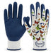 A pair of blue and white knit work gloves with colorful butterfly prints on the backs. One glove is shown palm-side with a textured blue grip, and the other is shown back-side with a white knit base covered in multicolor butterfly illustrations.