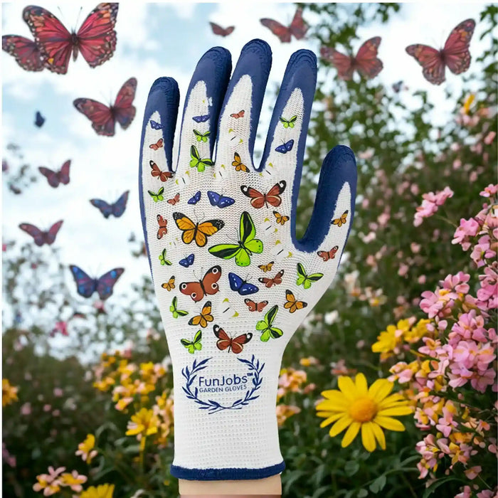 A white and navy blue gardening glove with colorful butterfly prints on the back, shown against a garden background with flowers and butterflies. The brand logo 'FunJobs Garden Gloves' is visible on the wrist.