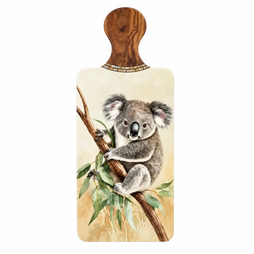 Great Southern Lands ceramic server featuring a grey koala clinging to a eucalyptus branch with green leaves.