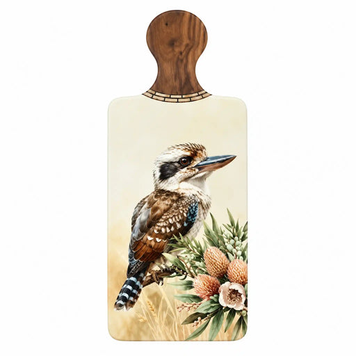 Great Southern Lands ceramic server featuring a kookaburra perched beside pink flowers, cream blossoms and green foliage