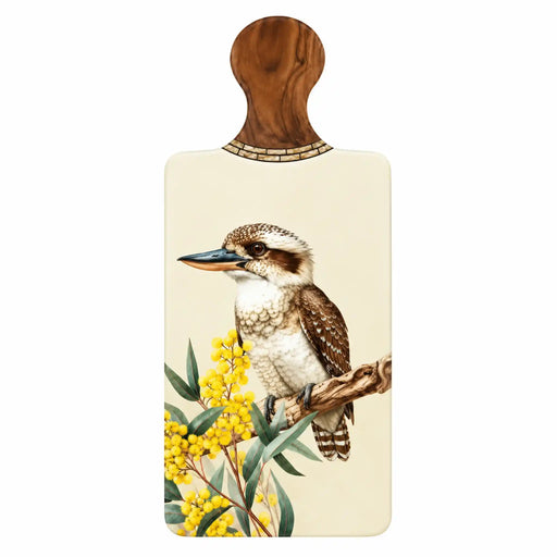 Great Southern Lands ceramic server featuring a kookaburra perched on a branch beside yellow wattle flowers.