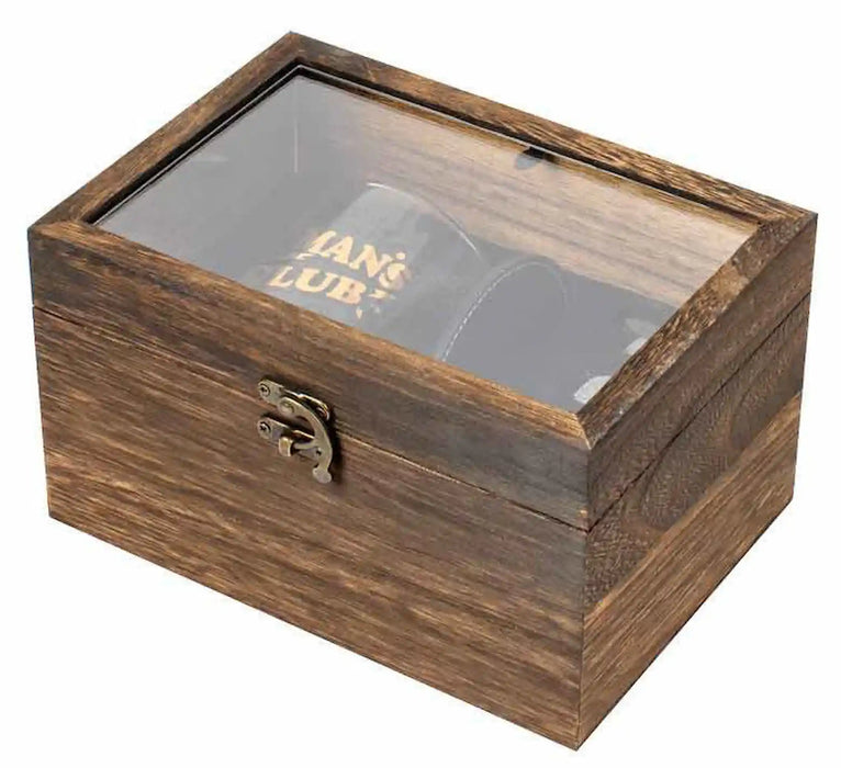 A rectangular wooden display case with a clear glass top lid and a small metal latch on the front, shown on a plain white background. Inside, a black leather item with gold text is partially visible through the glass.