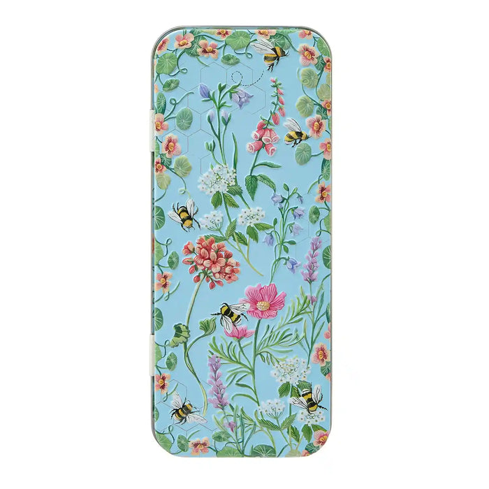 Phone case with floral design and bees on a blue background